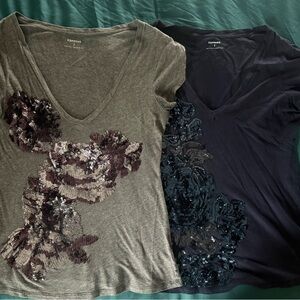 Express V-Neck Tops with Sequin Embellishments - Gray and Black